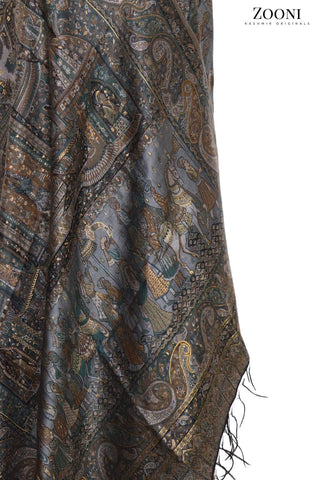 Superfine Kaani Jaamawar Silk Summer Shawl - Grey Mughlia - Zooni | Kashmir Originals