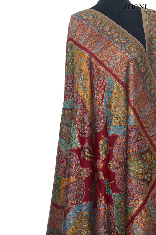 Superfine Kaani Jaamawar Silk Summer Shawl - Maroon Paisleys - Zooni | Kashmir Originals