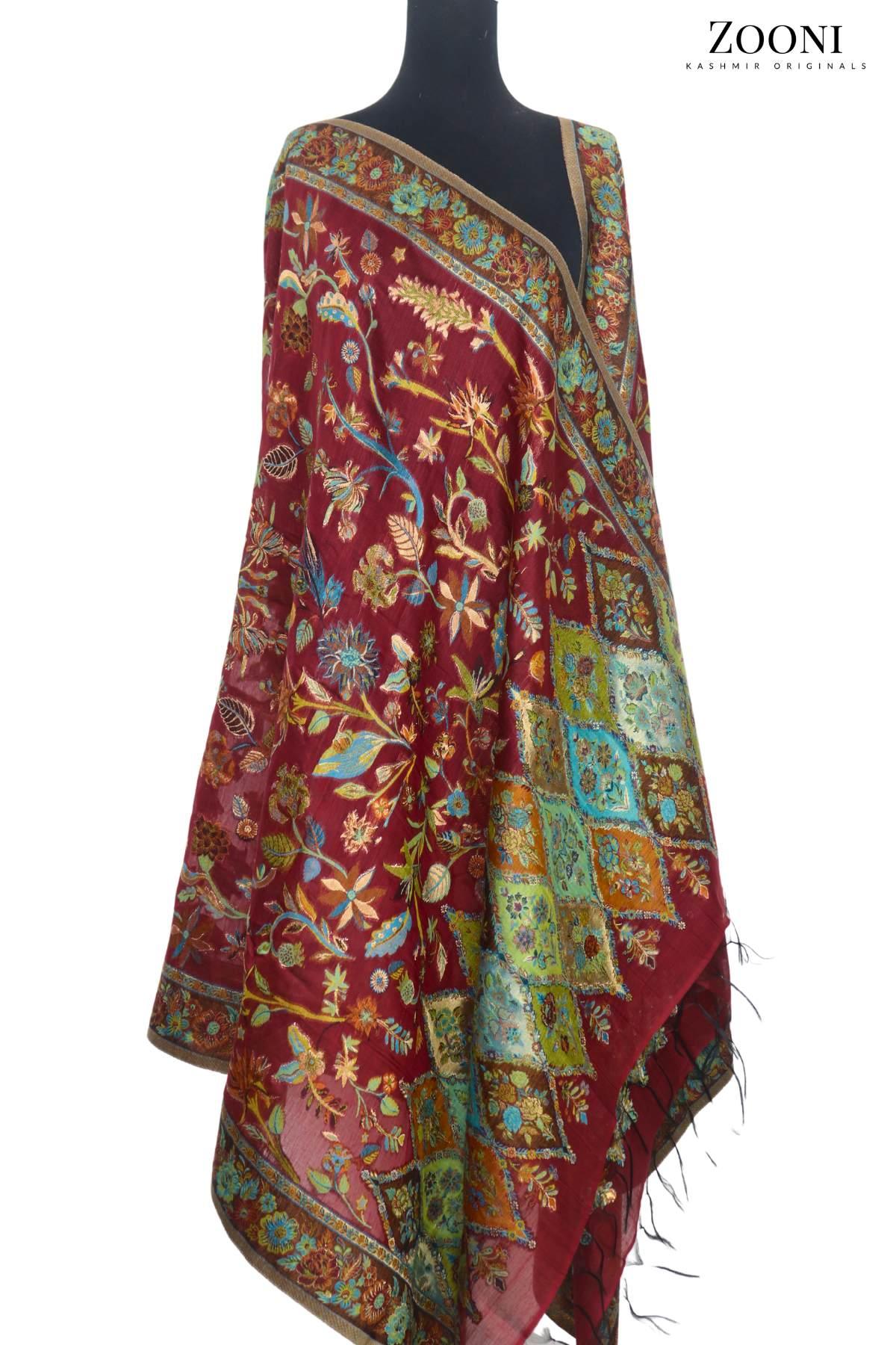 Superfine Kaani Jaamawar Silk Summer Shawl - Maroon - Zooni | Kashmir Originals