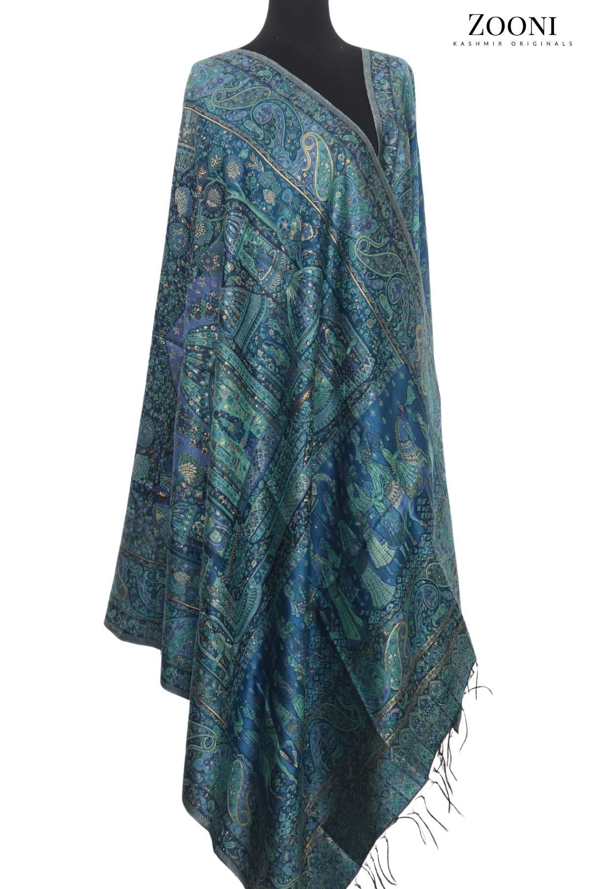 Superfine Kaani Jaamawar Silk Summer Shawl - Mughlia Blue - Zooni | Kashmir Originals