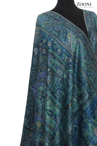 Superfine Kaani Jaamawar Silk Summer Shawl - Mughlia Blue - Zooni | Kashmir Originals