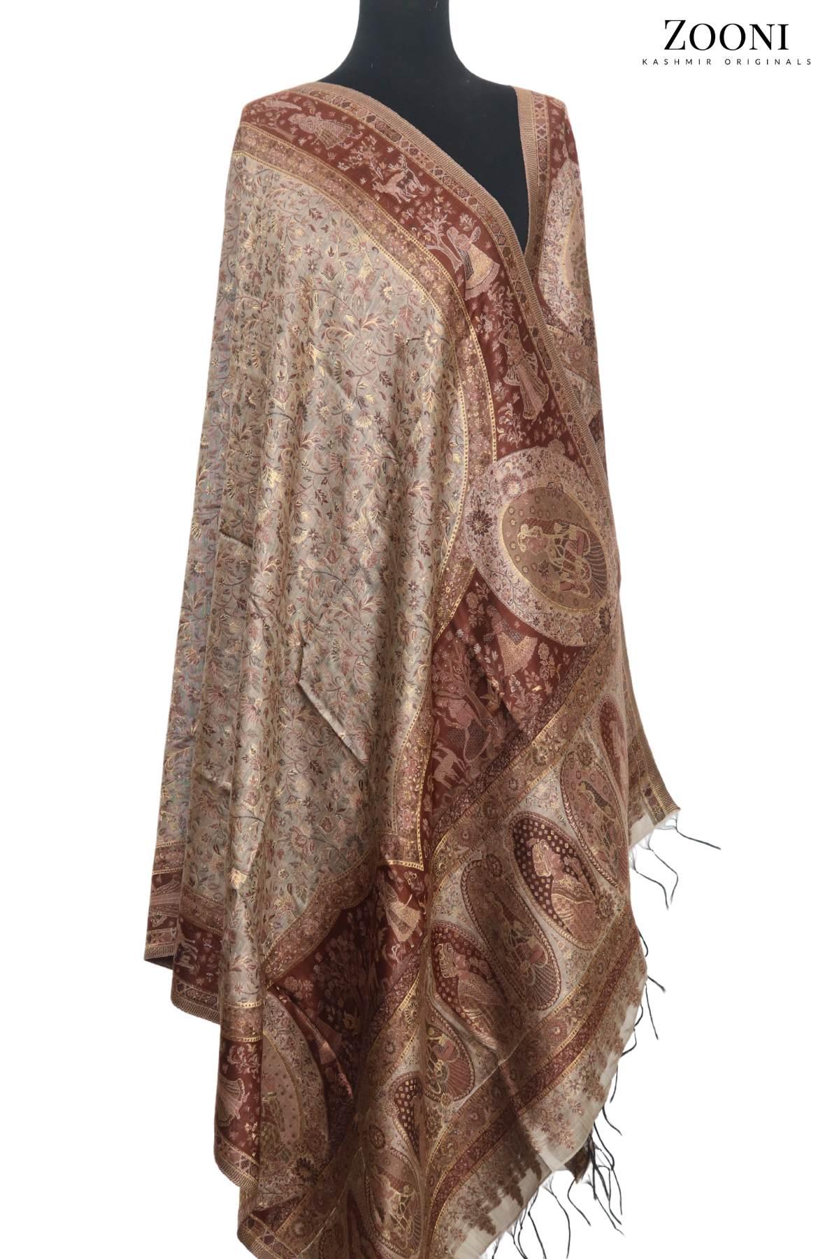 Superfine Kaani Jaamawar Silk Summer Shawl - Mughlia - Zooni | Kashmir Originals