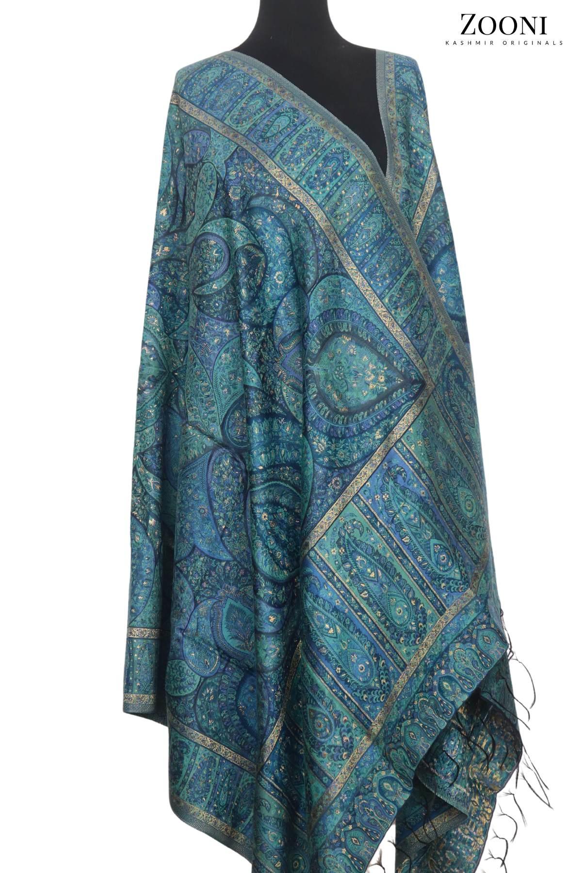 Superfine Kaani Jaamawar Silk Summer Shawl - Ocean - Zooni | Kashmir Originals