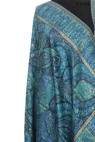 Superfine Kaani Jaamawar Silk Summer Shawl - Ocean - Zooni | Kashmir Originals