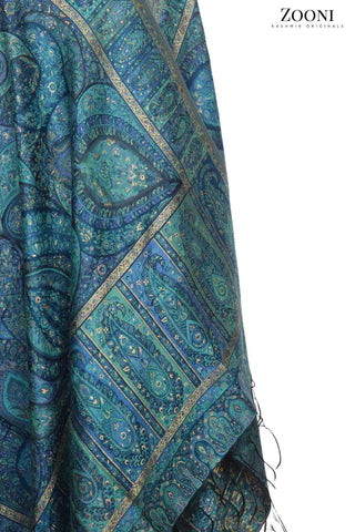 Superfine Kaani Jaamawar Silk Summer Shawl - Ocean - Zooni | Kashmir Originals