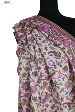 Superfine Pure Merino Kaani Jaamawar Shawl - Tapestry Pink & White - Zooni | Kashmir Originals