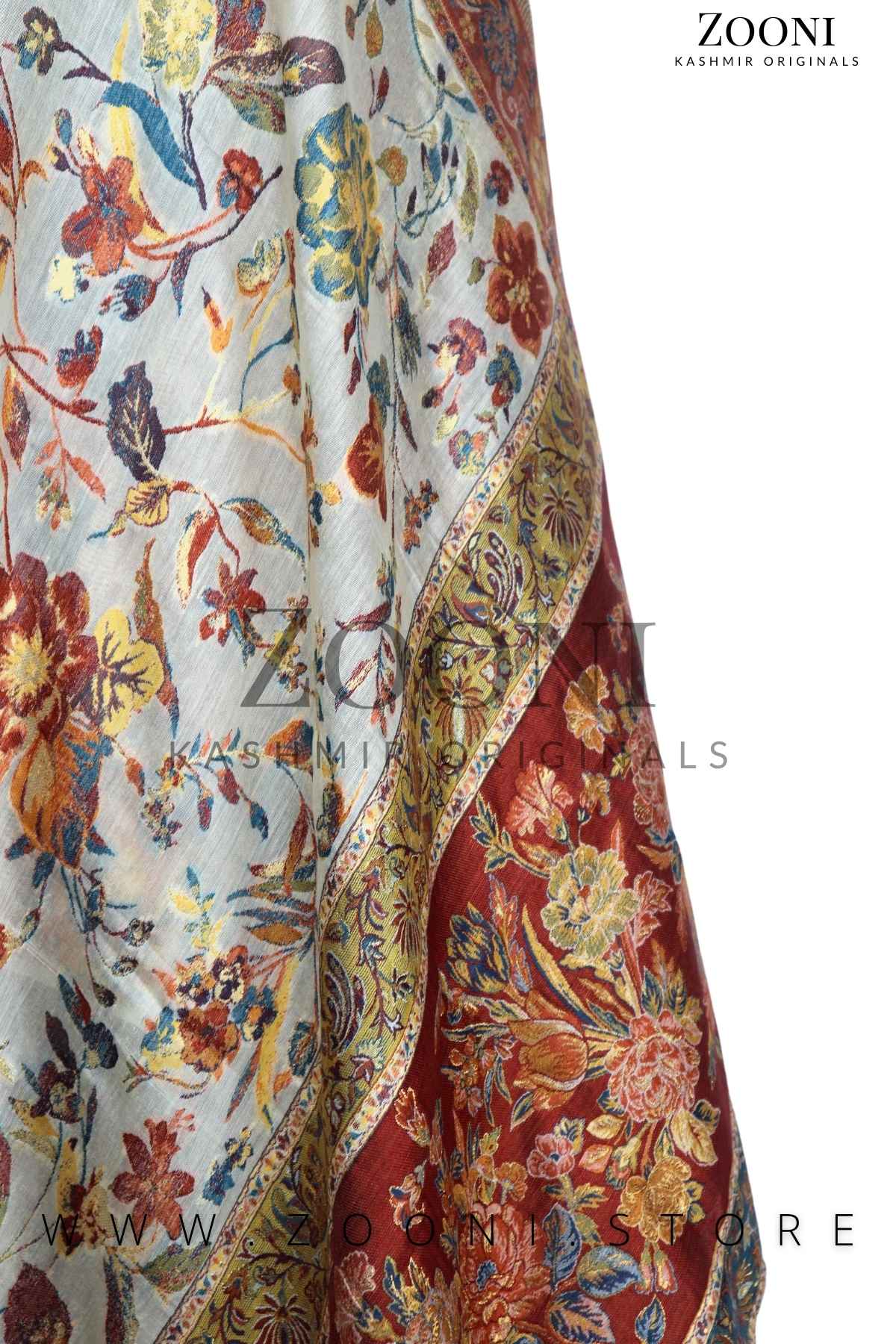 Superfine Kaani Jaamawar Silk Summer Shawl - Tumbleweed and Off-White Floral - Zooni | Kashmir Originals