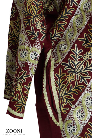 Image of Pure Wool Embroidered Kashmiri Pheran/Feran: Aari (Stitched) - Deep Red - Zooni | Kashmir Originals