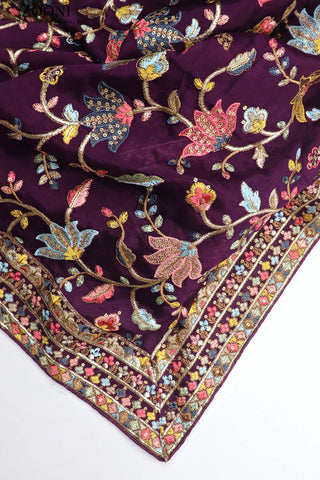 Festive Embroidered Chiffon Dupatta - Persian Plum - Zooni | Kashmir Originals