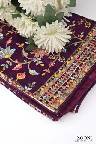 Festive Embroidered Chiffon Dupatta - Persian Plum - Zooni | Kashmir Originals