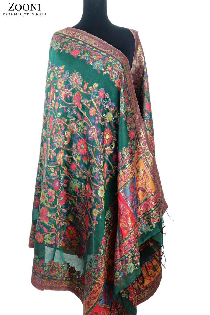 Superfine Kaani Jaamawar Silk Summer Shawl - Oracle Green - Zooni | Kashmir Originals