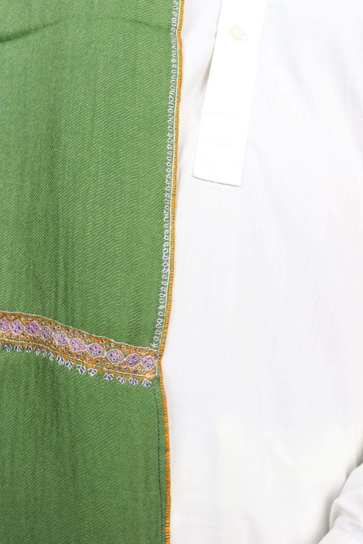 Handmade Pure Pashmina Hashia Embroidered Muffler Unisex - Green-Zooni | Kashmir Originals-handmade,Men,Muffler,Pashmina