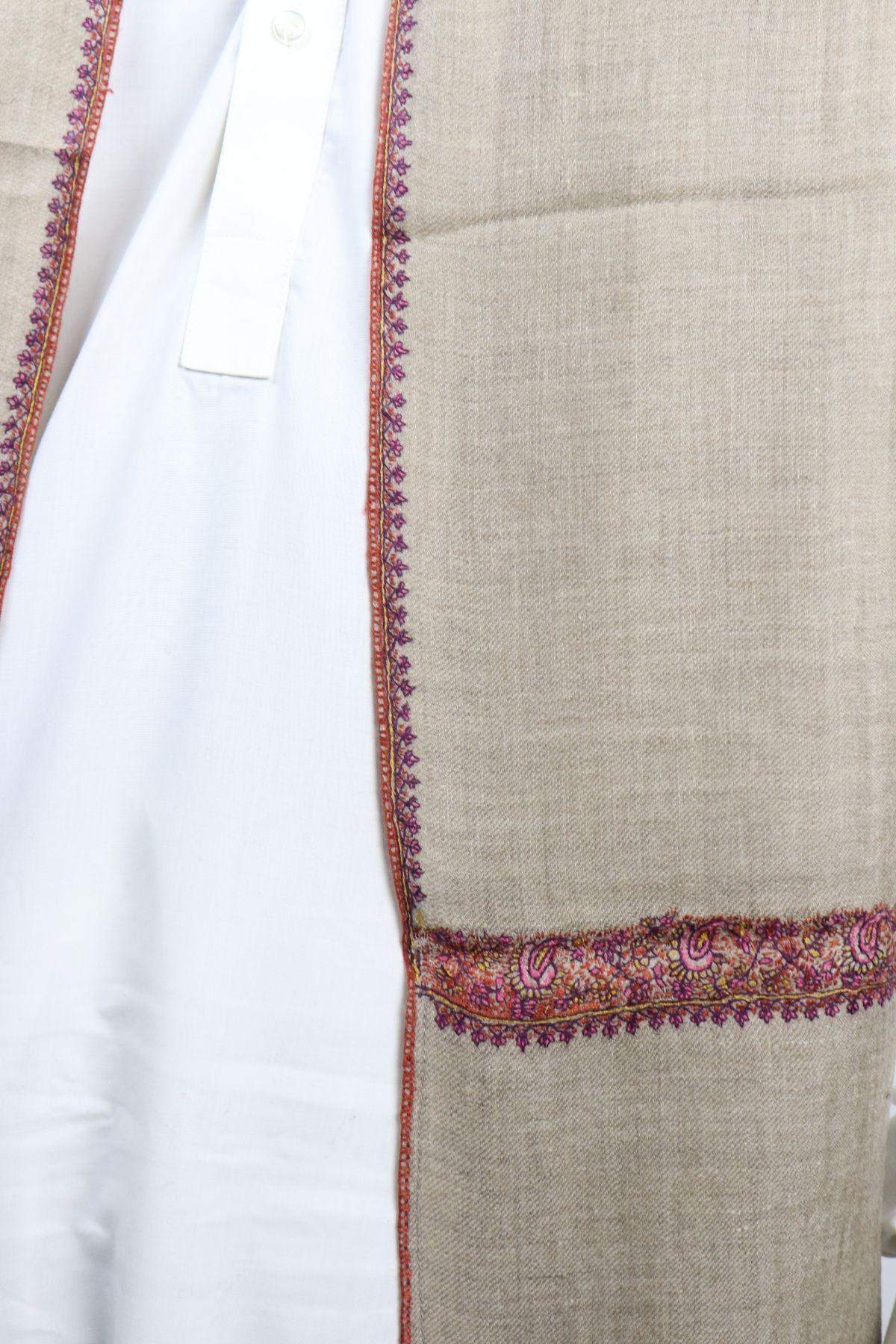 Handmade Pure Pashmina Hashia Embroidered Muffler Unisex - Natural