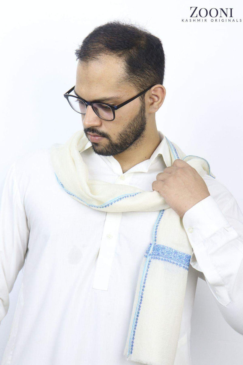 Handmade Pure Pashmina Hashia Embroidered Muffler Unisex - White and Blue-Zooni | Kashmir Originals-handmade,Men,Muffler,Pashmina
