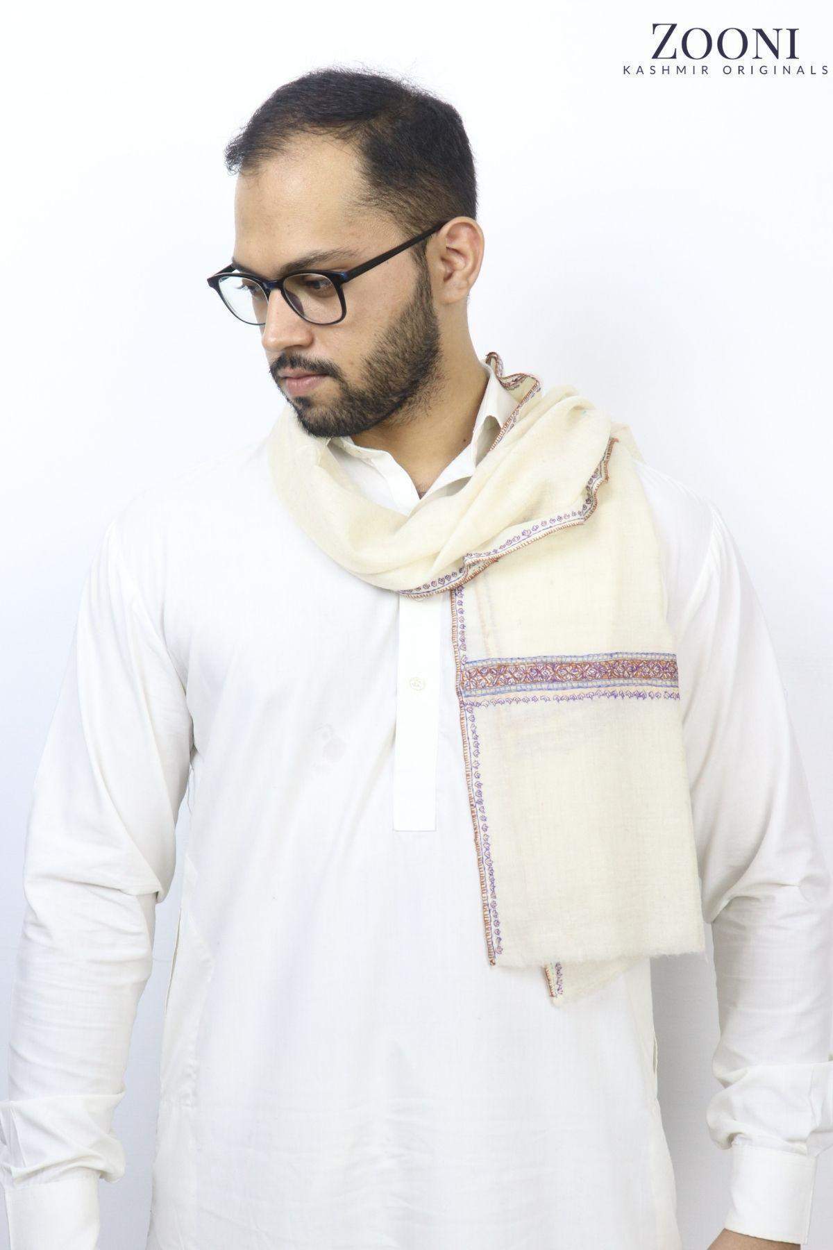 Handmade Pure Pashmina Hashia Embroidered Muffler Unisex - Off-White-Zooni | Kashmir Originals-handmade,Men,Muffler,Pashmina
