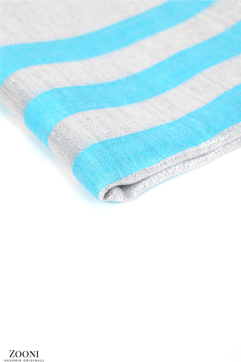 Cashmere Striped Lurex Stole - Aqua and Silver - Zooni | Kashmir Originals