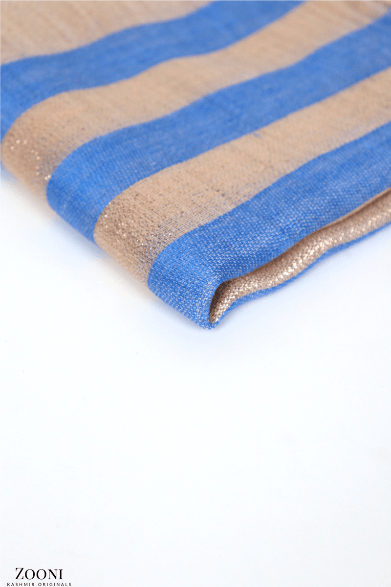 Cashmere Striped Lurex Stole - Havelock Blue and Gold - Zooni | Kashmir Originals