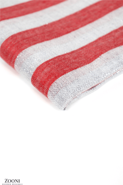 Cashmere Striped Lurex Stole - Mexican Red and Silver - Zooni | Kashmir Originals