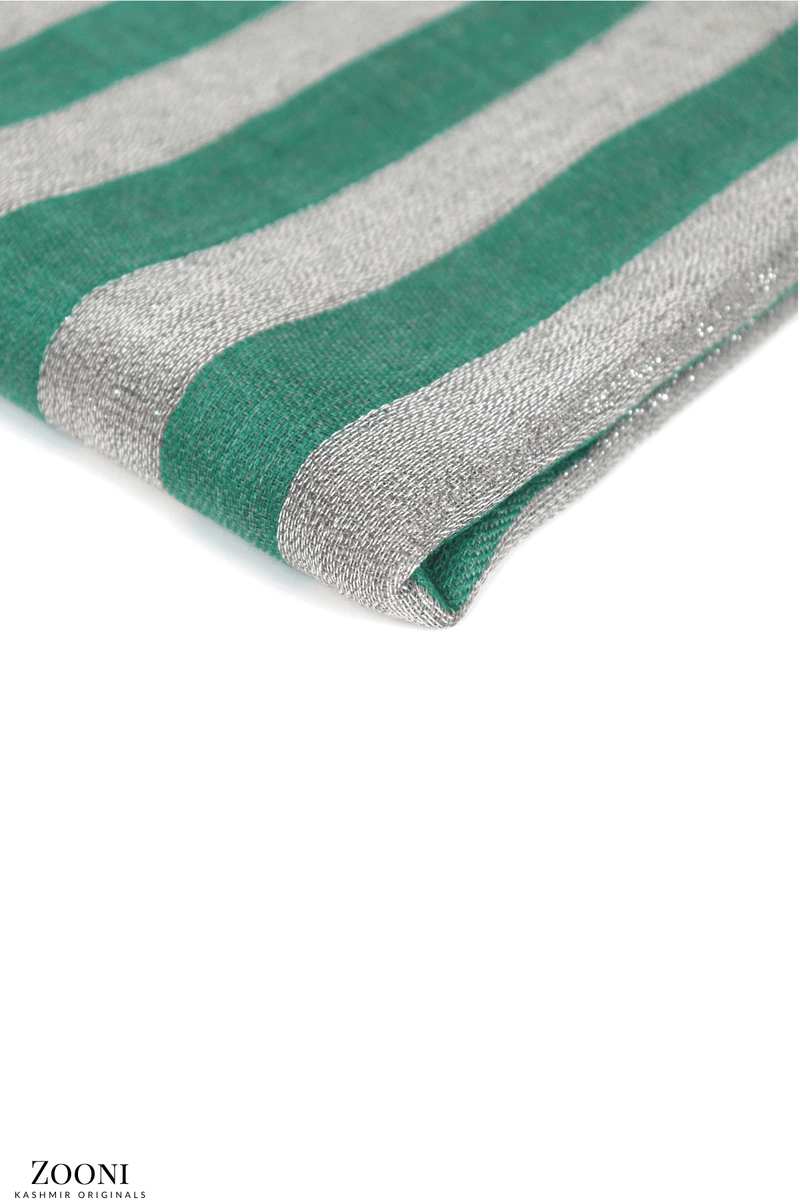 Cashmere Striped Lurex Stole - Viridian Green and Silver - Zooni | Kashmir Originals