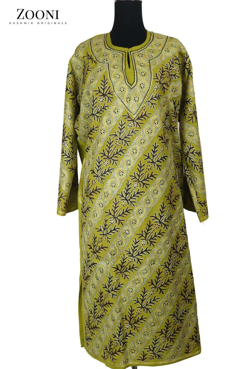CLEARANCE: Pure Wool Embroidered Kashmiri Pheran/Feran: Aari (Stitched) - Lemon Ginger - Zooni | Kashmir Originals