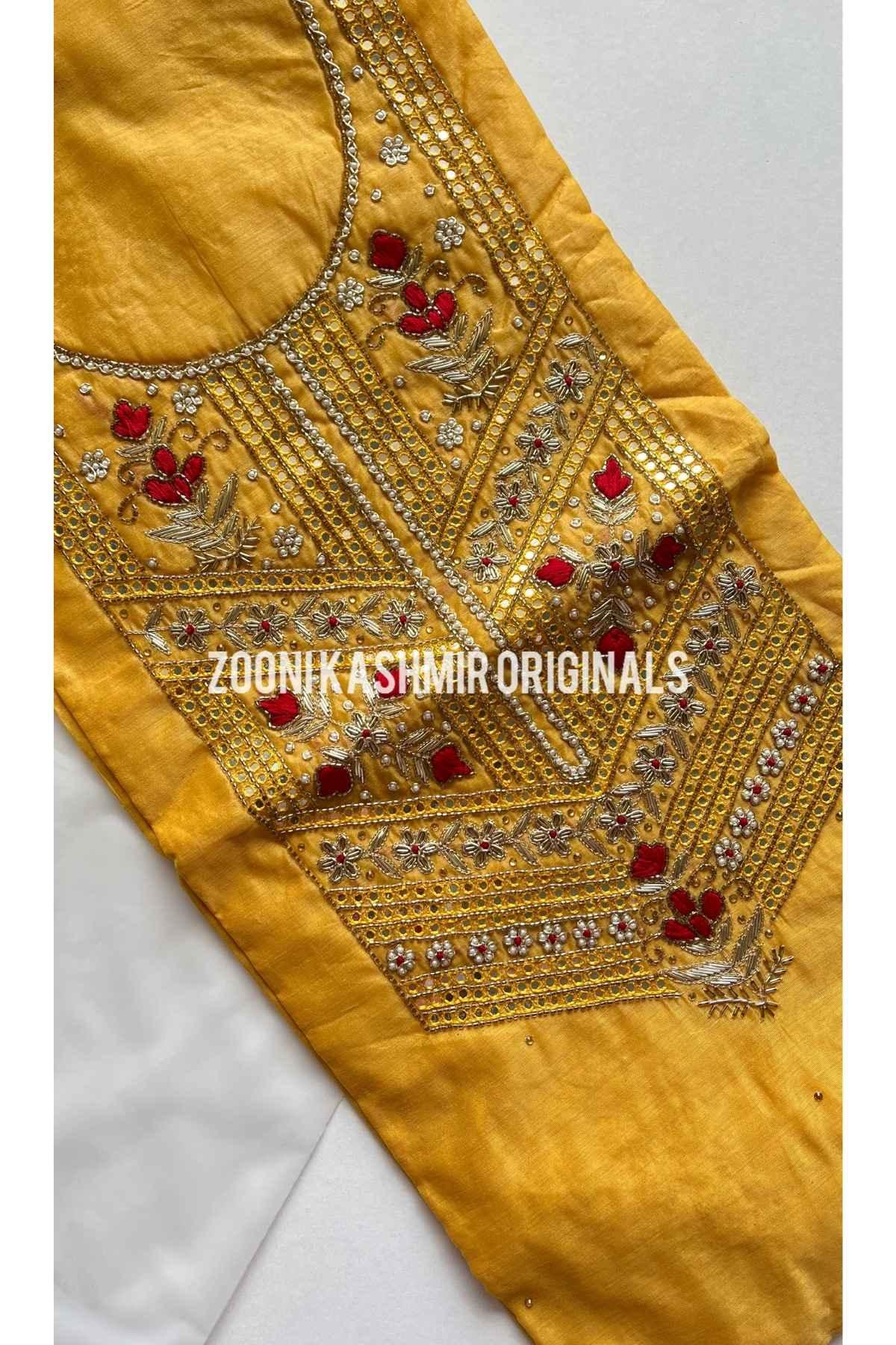 FESTIVE: 3 Piece Hand Embroidered Chanderi Silk Unstitched - Mustard - Zooni | Kashmir Originals