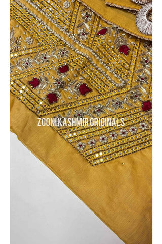 FESTIVE: 3 Piece Hand Embroidered Chanderi Silk Unstitched - Mustard - Zooni | Kashmir Originals