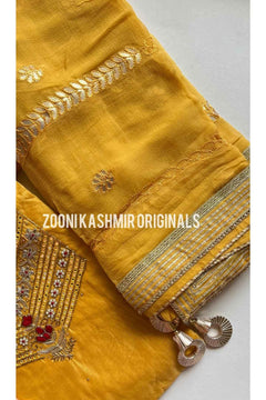 FESTIVE: 3 Piece Hand Embroidered Chanderi Silk Unstitched - Mustard - Zooni | Kashmir Originals