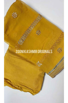 FESTIVE: 3 Piece Hand Embroidered Chanderi Silk Unstitched - Mustard - Zooni | Kashmir Originals