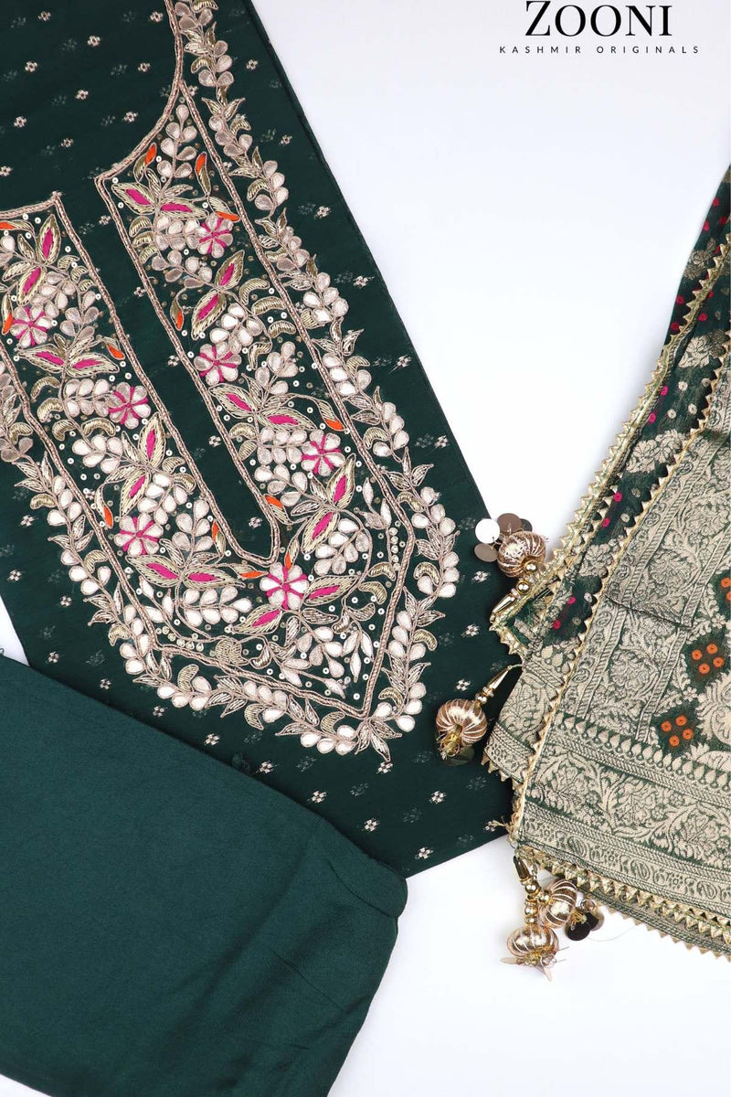 FESTIVE: 3 Piece Hand Embroidered Chanderi Silk Unstitched - Summer Green & Beige - Zooni | Kashmir Originals