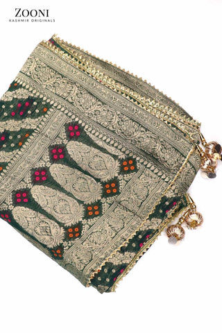 FESTIVE: 3 Piece Hand Embroidered Chanderi Silk Unstitched - Summer Green & Beige - Zooni | Kashmir Originals