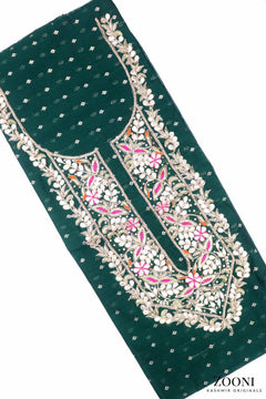 FESTIVE: 3 Piece Hand Embroidered Chanderi Silk Unstitched - Summer Green & Beige - Zooni | Kashmir Originals