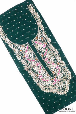 FESTIVE: 3 Piece Hand Embroidered Chanderi Silk Unstitched - Summer Green & Beige - Zooni | Kashmir Originals