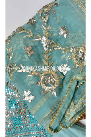 FESTIVE: 3 Piece Hand Embroidered Chanderi Silk Unstitched - Turqoise - Zooni | Kashmir Originals