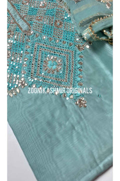 FESTIVE: 3 Piece Hand Embroidered Chanderi Silk Unstitched - Turqoise - Zooni | Kashmir Originals