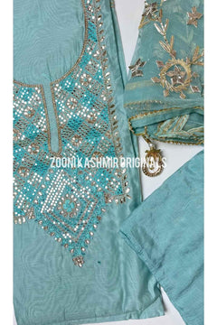 FESTIVE: 3 Piece Hand Embroidered Chanderi Silk Unstitched - Turqoise - Zooni | Kashmir Originals