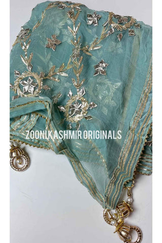 FESTIVE: 3 Piece Hand Embroidered Chanderi Silk Unstitched - Turqoise - Zooni | Kashmir Originals