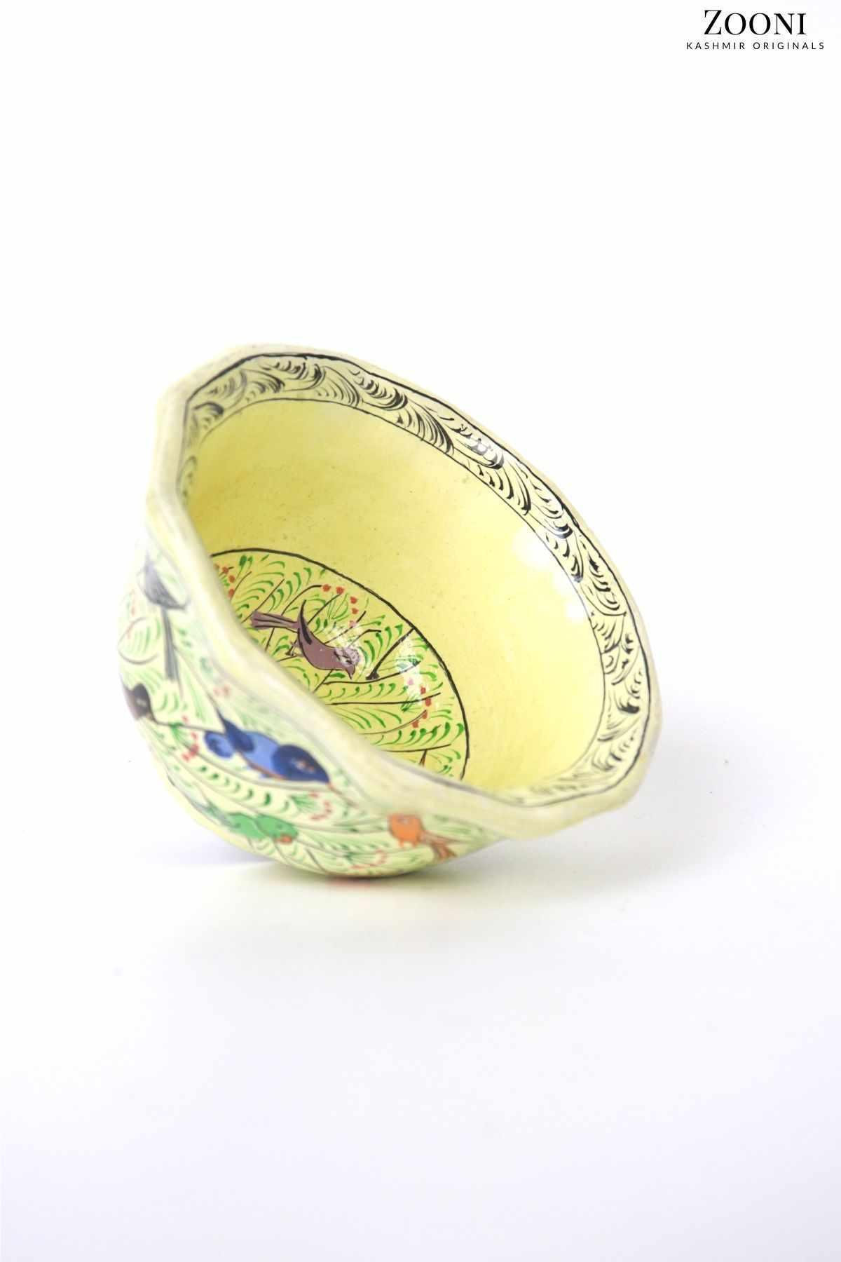 Handmade Papier Mache Bowl - Birds and Off-White - Zooni | Kashmir Originals