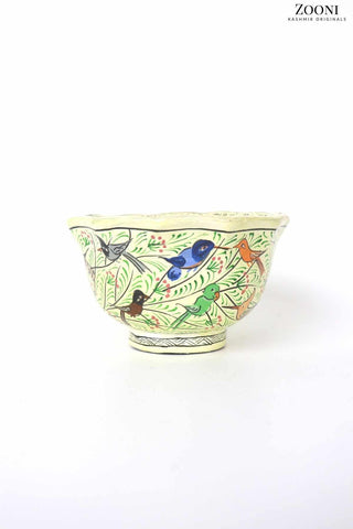 Handmade Papier Mache Bowl - Birds and Off-White - Zooni | Kashmir Originals