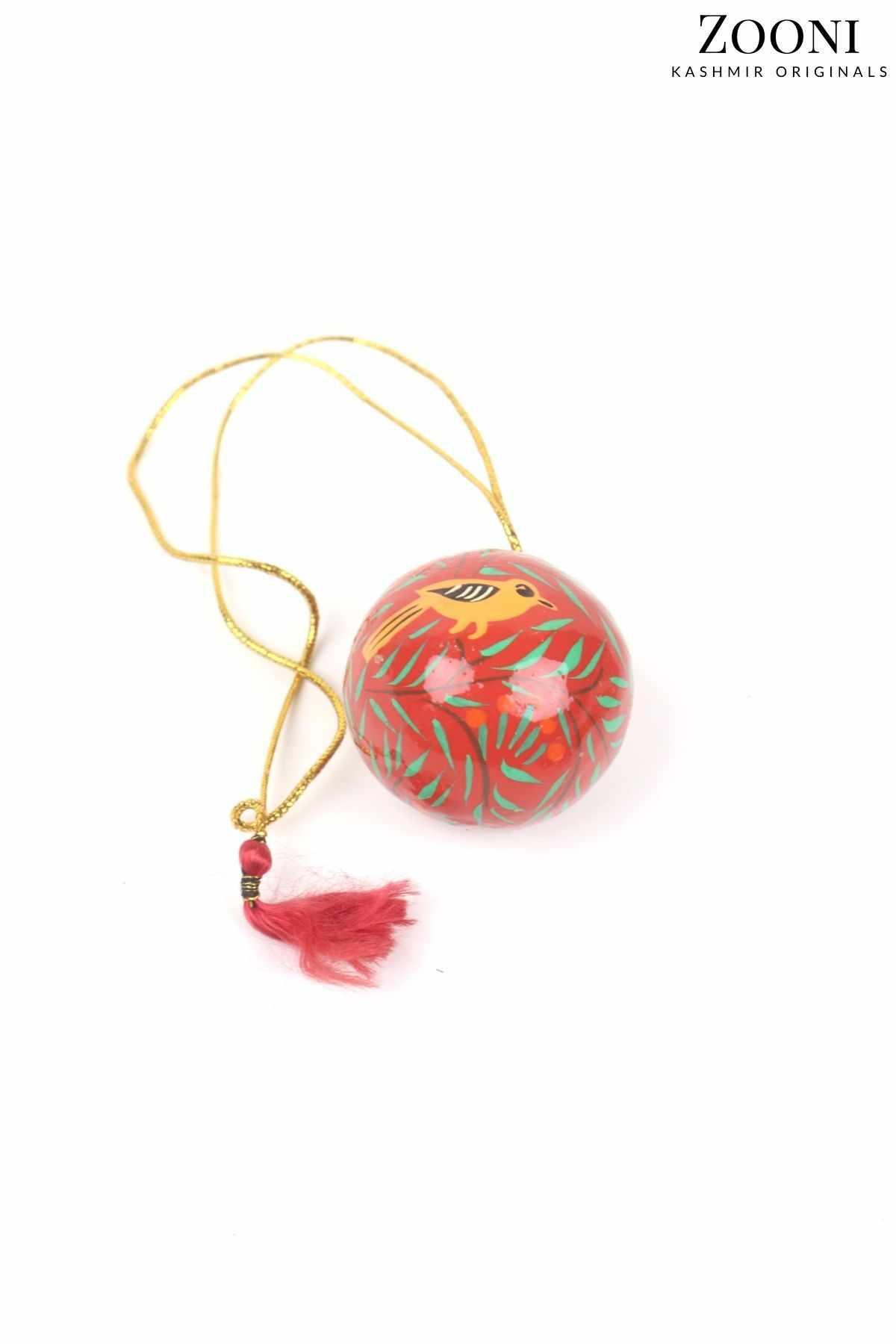 Handmade Papier Mache Festive Decorative Hanging Ball - Magenta Birds (Small) - Zooni | Kashmir Originals