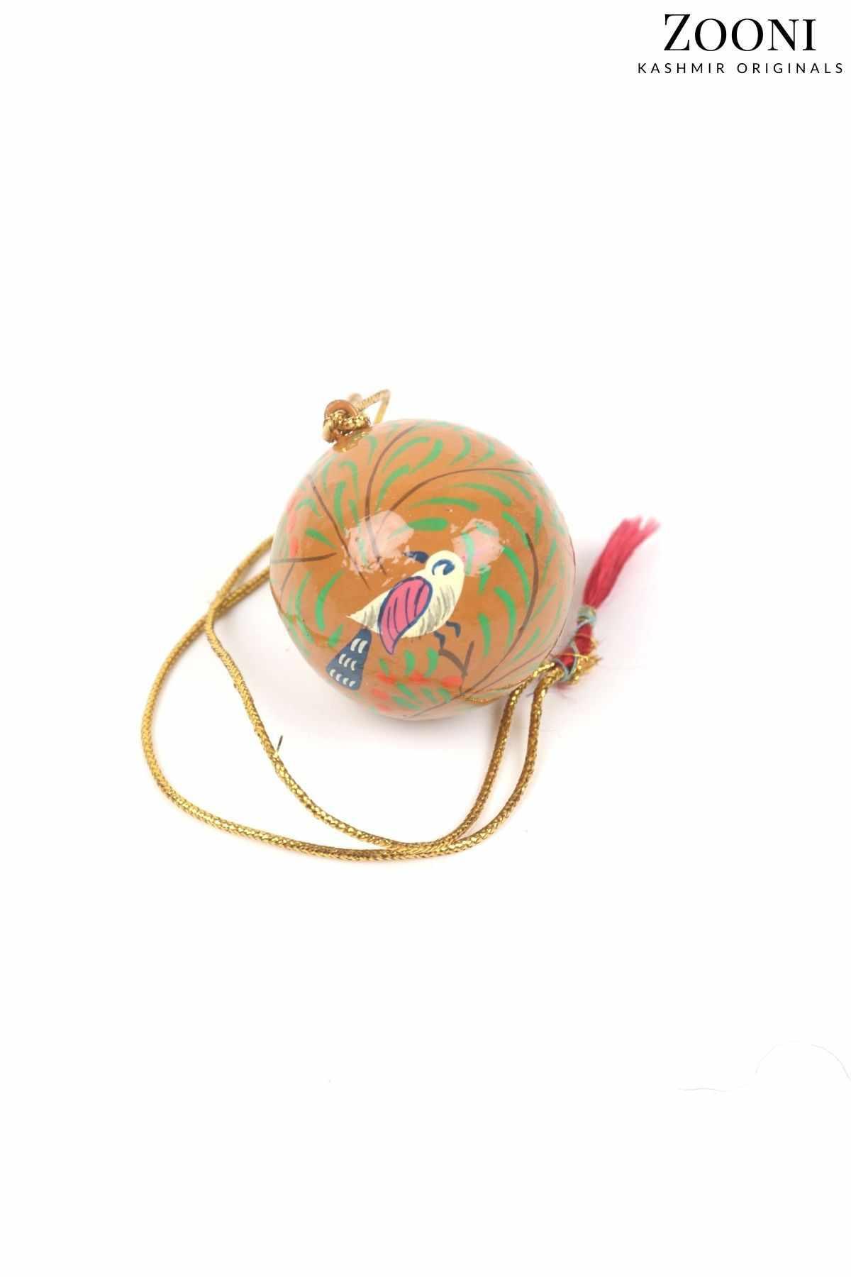 Handmade Papier Mache Festive Decorative Hanging Ball - Mustard Birds (Small) - Zooni | Kashmir Originals