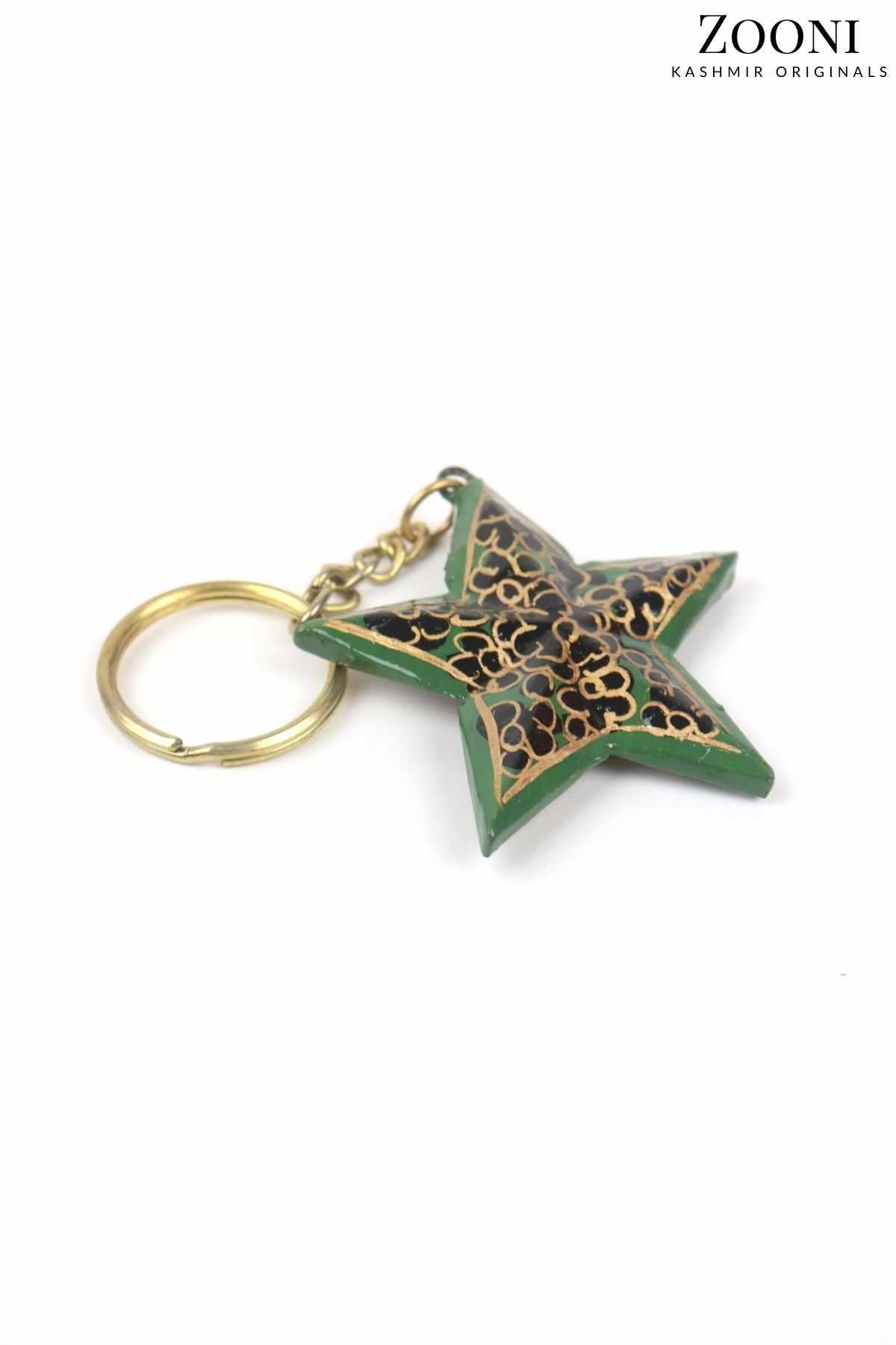 Handmade Papier Mache Keychain - Green and Black Star - Zooni | Kashmir Originals