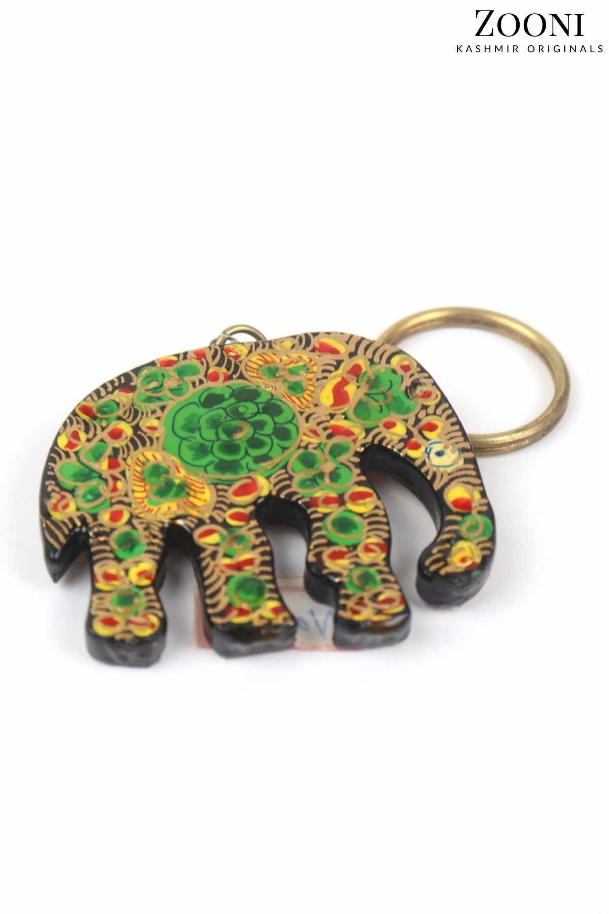 Handmade Papier Mache Keychain - Green Floral Elephant - Zooni | Kashmir Originals