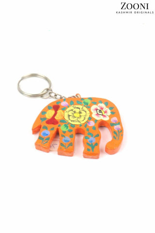 Handmade Papier Mache Keychain - Orange Elephant - Zooni | Kashmir Originals