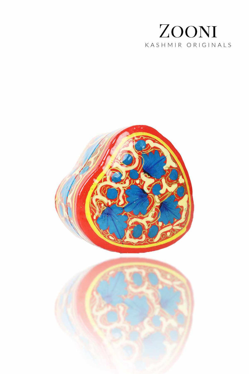 Handmade Papier Mache Ring Box - Heart Shaped Red and Blue Floral - Zooni | Kashmir Originals