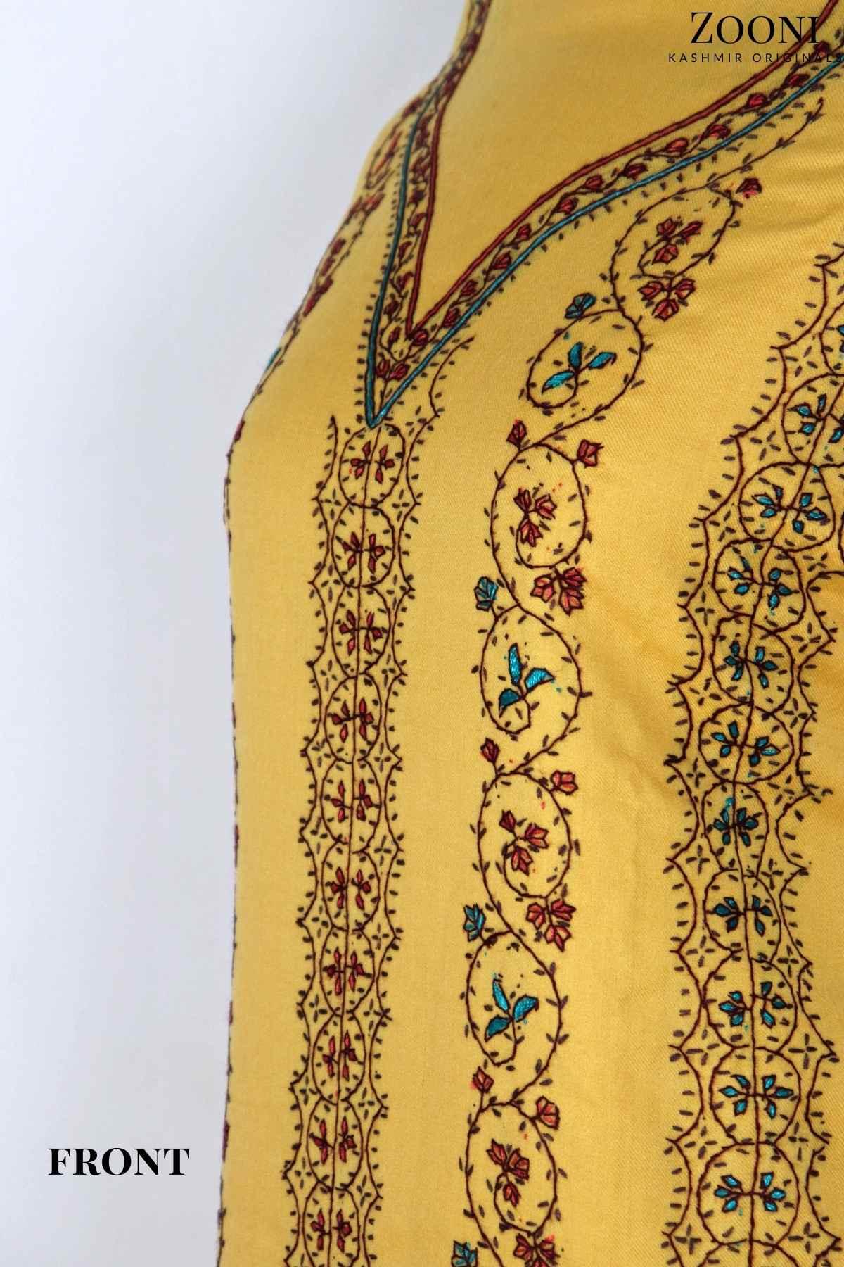 Limited Edition: Luxury 3 Piece Hand Embroidered Kashmiri Unstitched Winter Suit - Old Gold Yellow - Zooni | Kashmir Originals