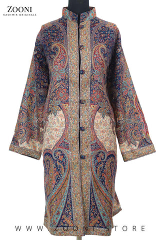 Limited Edition Stitched Kaani Woven Women's Luxury Coat - Enchanting Blue - Zooni | Kashmir Originals