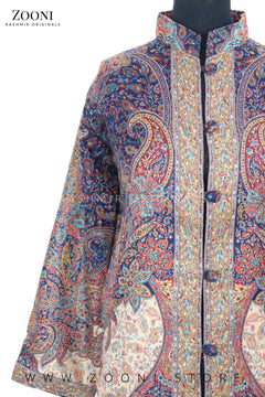 Limited Edition Stitched Kaani Woven Women's Luxury Coat - Enchanting Blue - Zooni | Kashmir Originals