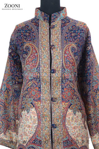 Limited Edition Stitched Kaani Woven Women's Luxury Coat - Enchanting Blue - Zooni | Kashmir Originals