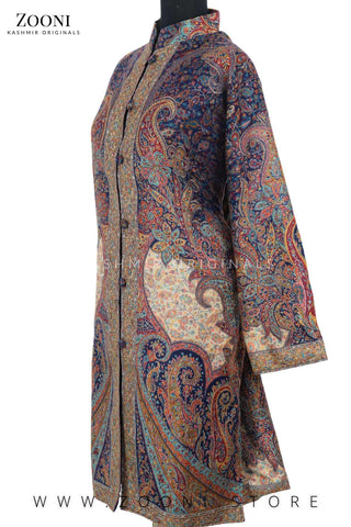 Limited Edition Stitched Kaani Woven Women's Luxury Coat - Enchanting Blue - Zooni | Kashmir Originals