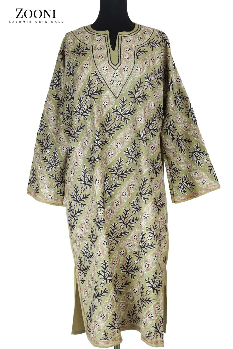 Pure Wool Embroidered Kashmiri Pheran/Feran: Aari (Stitched) - Avocado - Zooni | Kashmir Originals